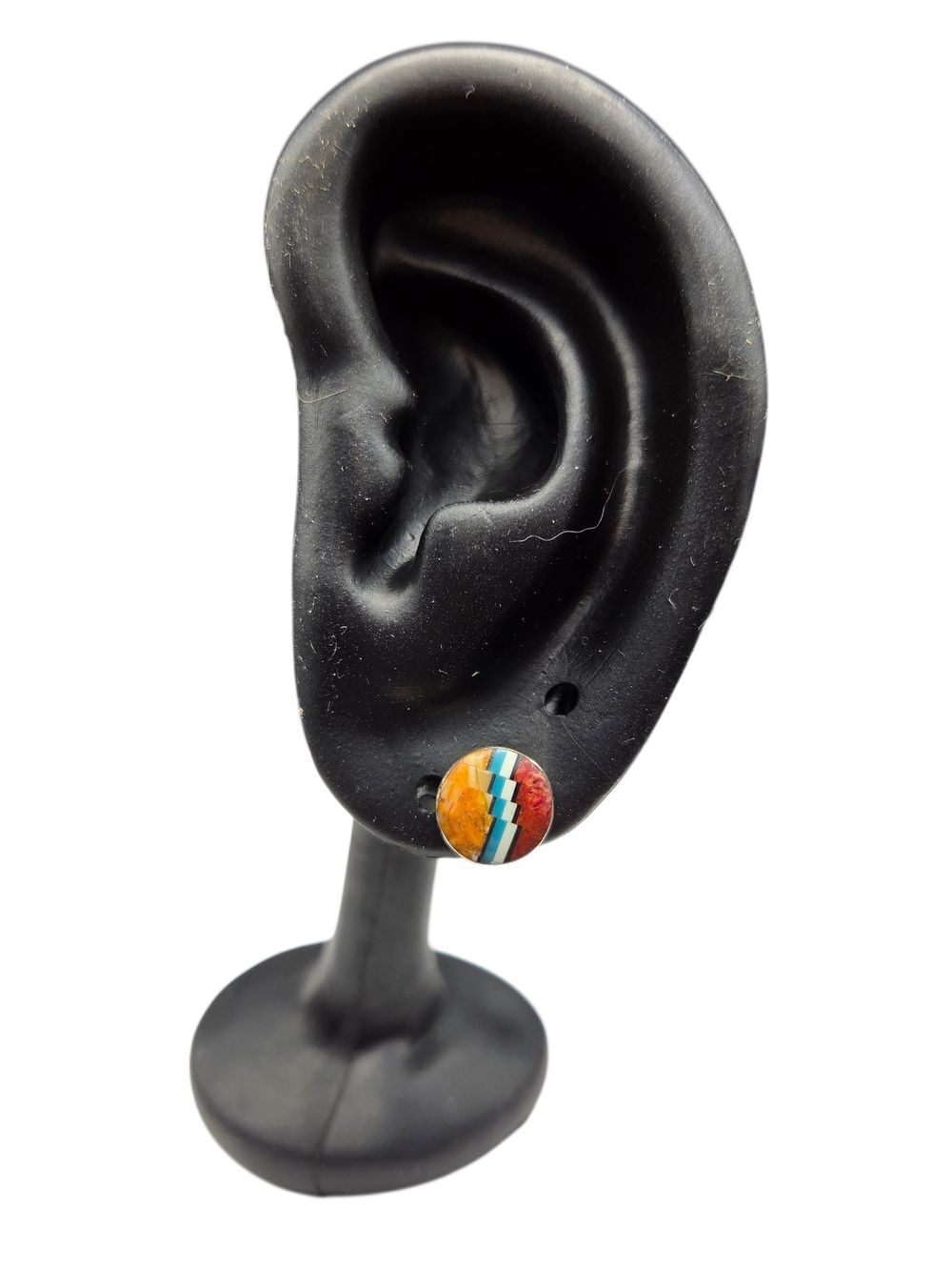 Sterling Silver Multicolor Zigzag Round Inlay Stud Earrings DD